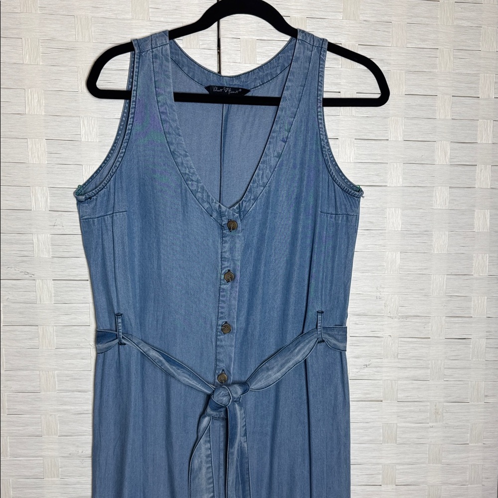 Velvet Heart Chambray Tencel Half Button Down Cropped Jumpsuit with Belt Size M - Picture 3 of 11